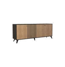 Buffet con 4 Puertas y Patas de Madera en Melamina Roble y Negro, 180x40x78,6 cm