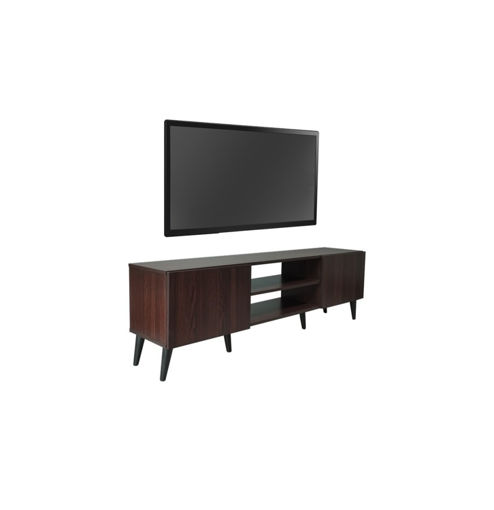 Mueble TV con Patas de Madera y 2 Amplios Cajones - Melamina Nogal-Wenge 150x32x46 cm - Moderno y Espacioso.